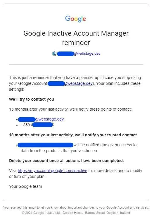 Google Inactive Account Manager позволява на потребителя да укаже какво ще се случи с неговия профил след период на неактивност.